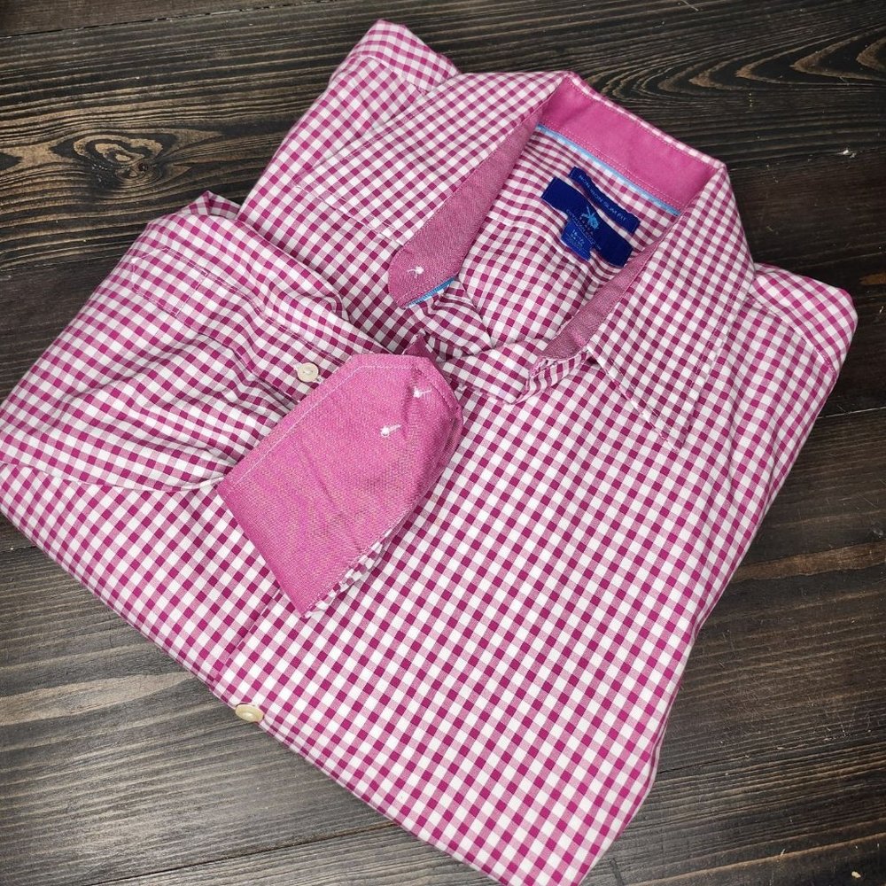 Egara Mens Pink Check Non-Iron Slim‎ Fit Egyptian Cotton Long Sleeve Button Down
